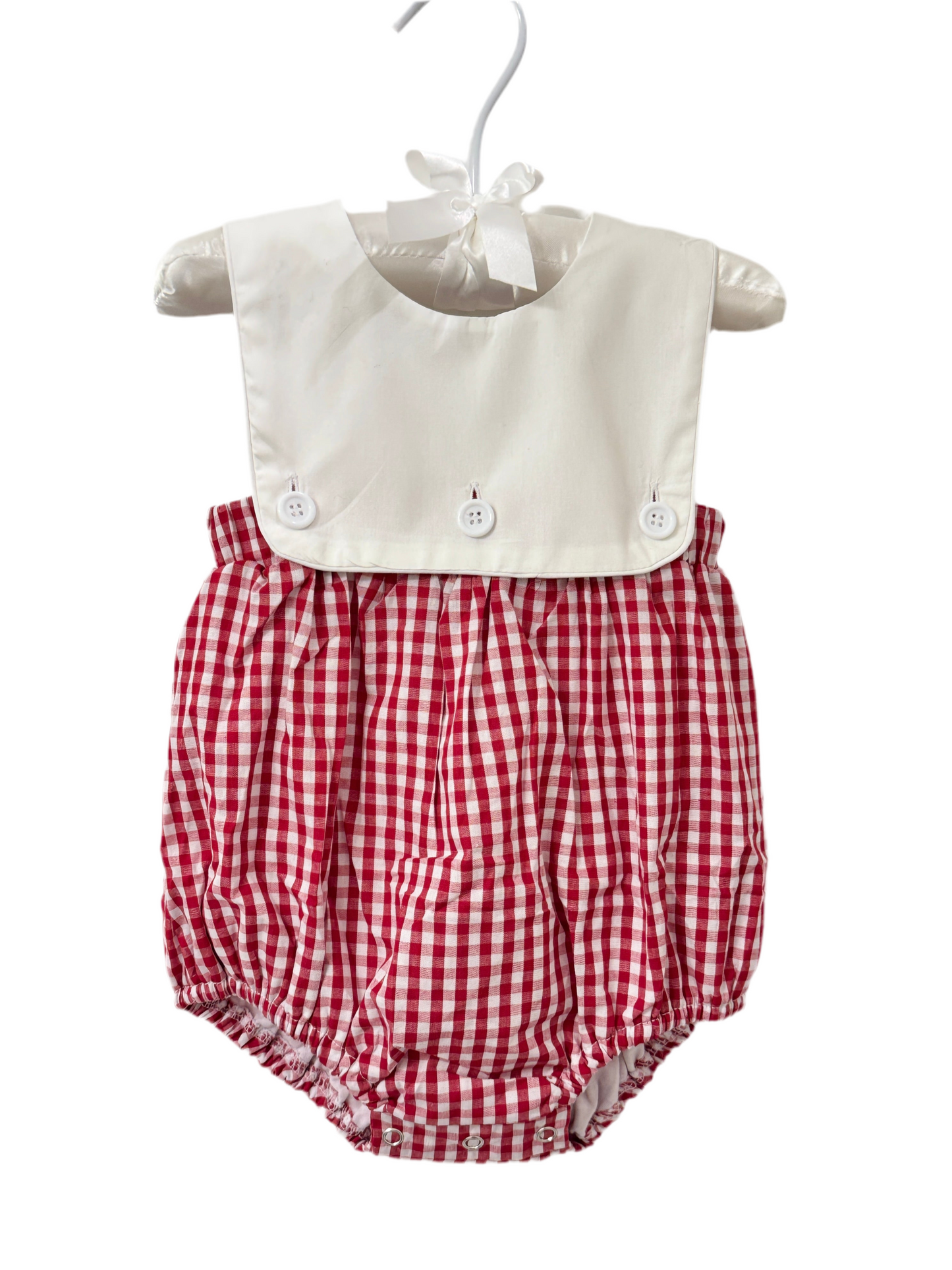 Boys Red Gingham Bubble with White Button Bib